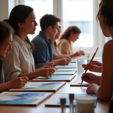 Art workshop with participants learning painting techniques
